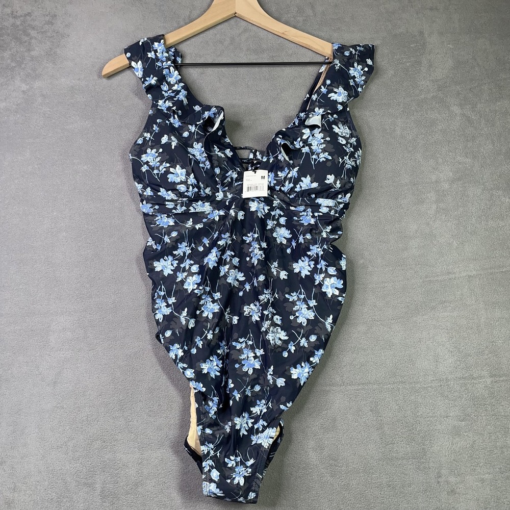 A Pea in the Pod Swimsuit‎ Womens Medium Navy Blue Floral Ruffle Maternity NWT